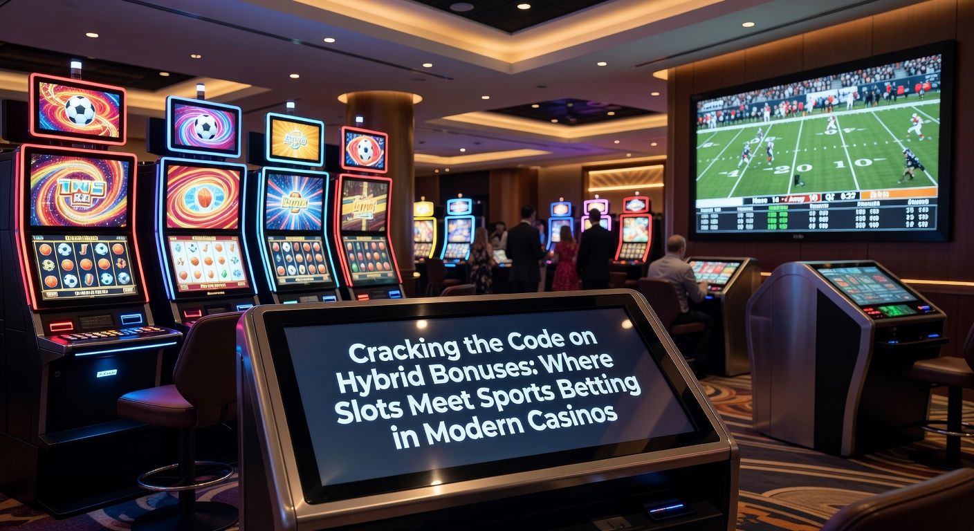 Vibrant casino floor showing slot machines next to sports betting terminals with hybrid bonus promotions displayed on screens