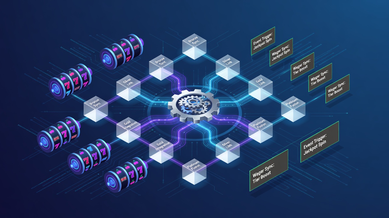 Visualization of data flows between virtual reel networks and event wagering systems showing loyalty tier synchronization points