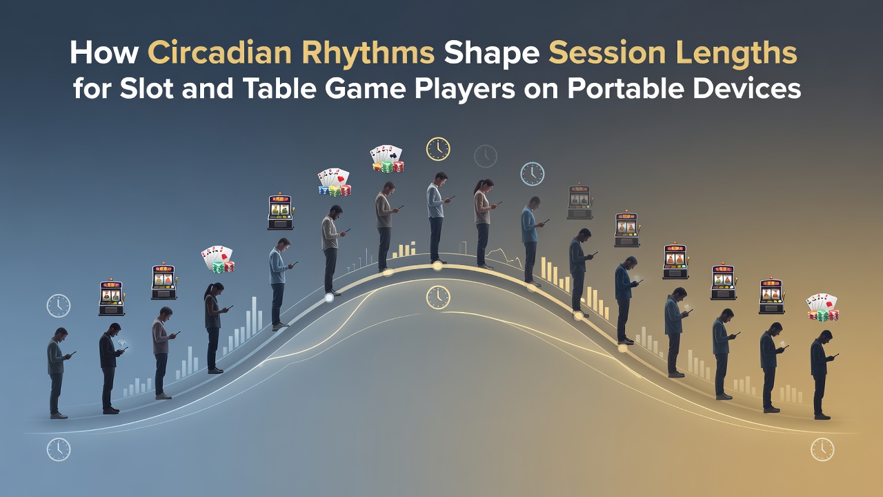 Mobile device displaying slot and table game interfaces during evening hours with circadian rhythm indicators