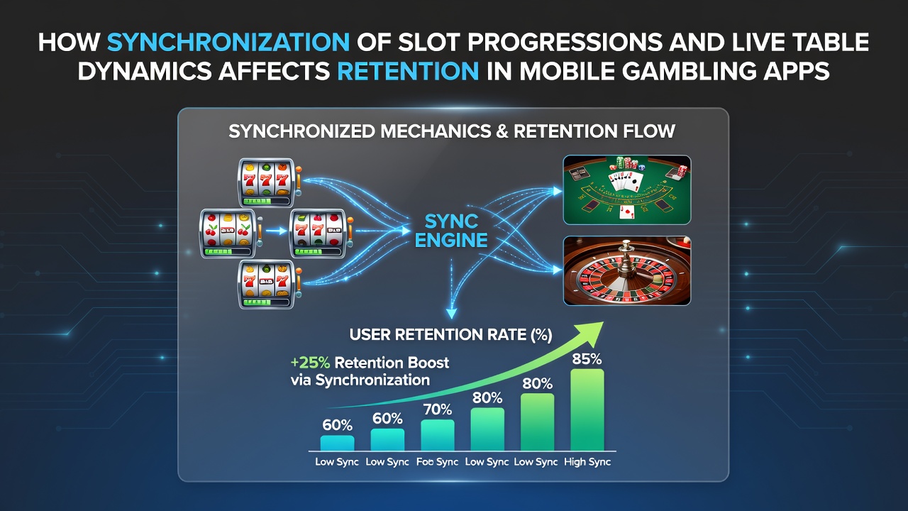 Mobile gambling app interface showing synchronized slot progression bar and live dealer table options