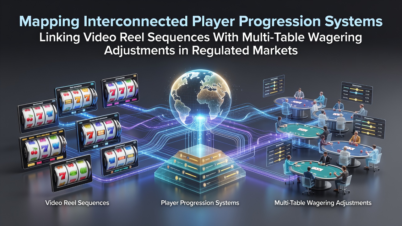 Diagram showing interconnected player progression systems across video reels and multi-table wagering platforms in regulated markets