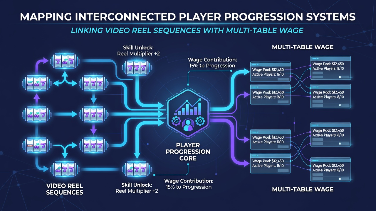 Illustration of data flows between video reel sequences and multi-table wagering adjustments in regulated casino environments