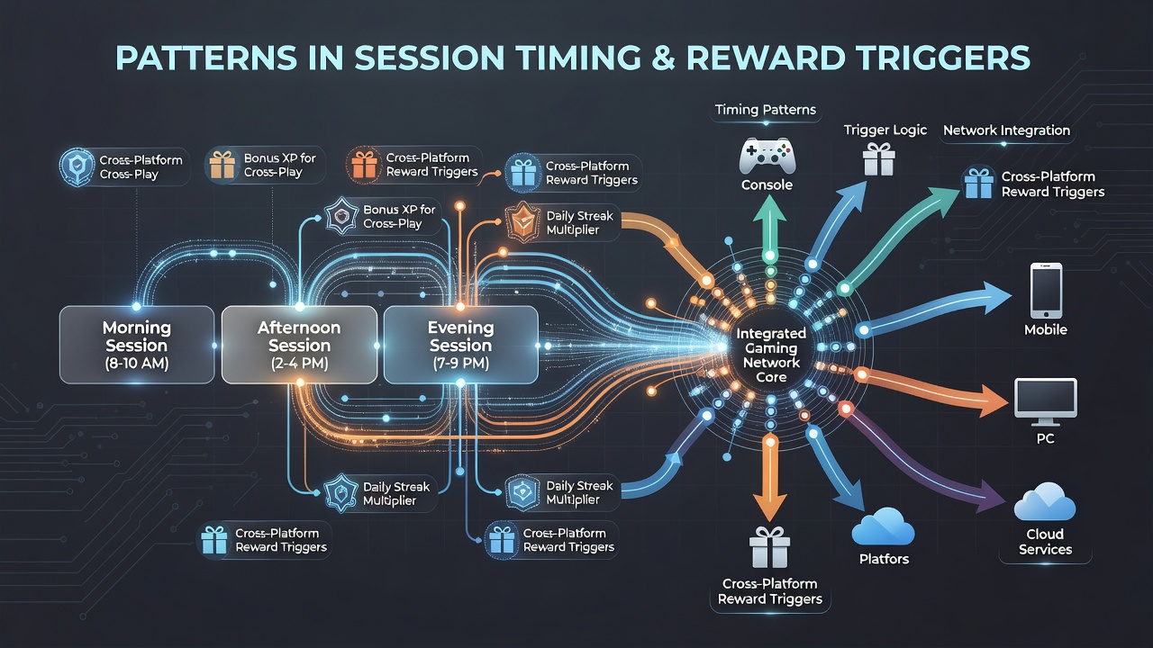 Diagram showing cross-platform reward activation based on session timing data