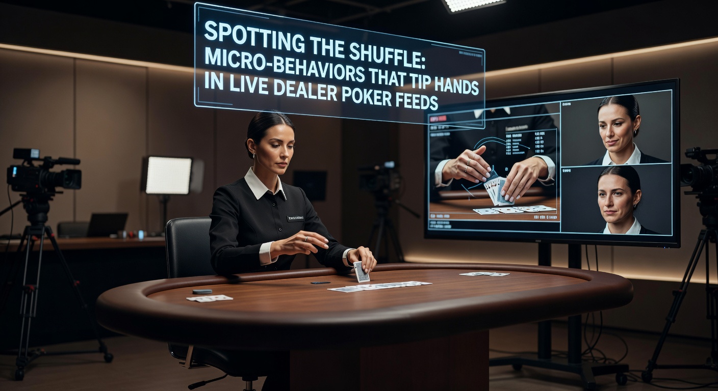 Split-screen analysis of a poker dealer's hand during shuffle, showing magnified micro-tremors and eye glances in a live stream