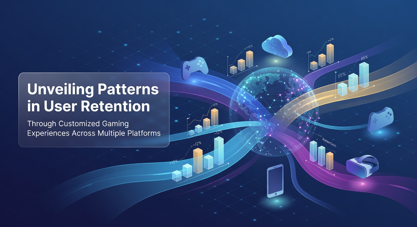 Gamers interacting with personalized interfaces on mobile, PC, and console platforms showing retention metrics